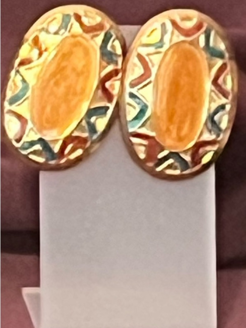 Vintage Gold-Tone Multicolor Enamel Oval Earrings